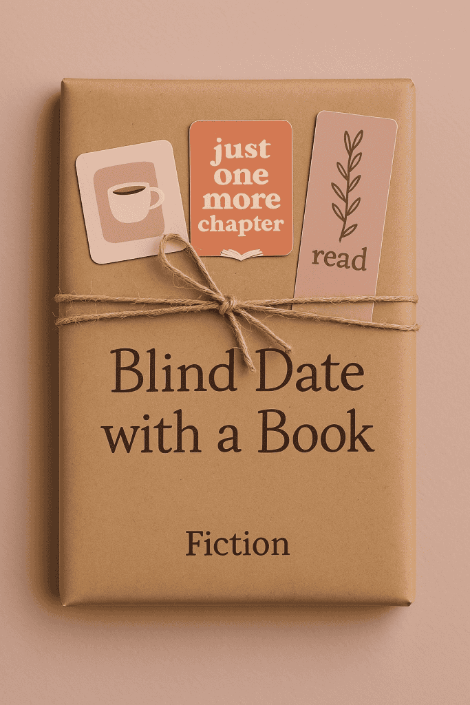 Kraft-paper-wrapped Blind Date with a Book package tied with twine and labeled with genre, accompanied by tea and bookish stickers.