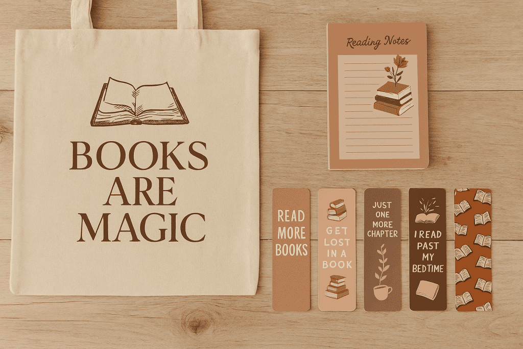 Literary-themed flat lay featuring illustrated bookmarks, a canvas tote bag with a bookish quote, and a lined notepad designed for book lovers.