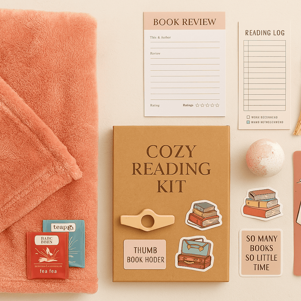Cozy Reading Kit arranged on a soft fabric background including a fleece blanket, tea bags, bath bomb, notepad, bookmarks, and literary stickers.
