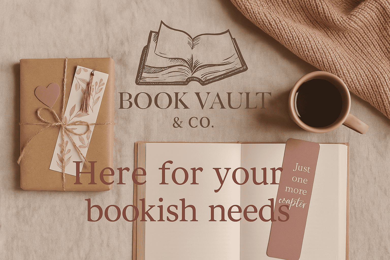 Flat lay of a cozy, vintage-inspired book-themed display featuring a wrapped Blind Date with a Book, twine, tea, and literary accessories on a soft neutral background.